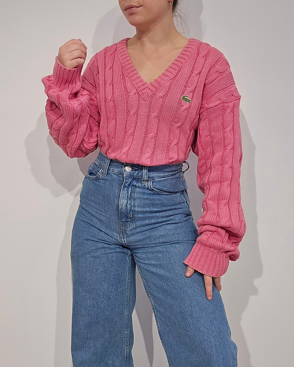 Pull torsadé col V rose Fabriqué en France - L/XL