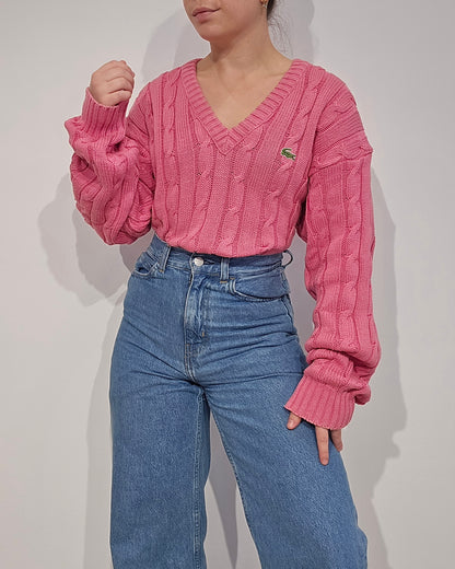 Pull torsadé col V rose Fabriqué en France - L/XL