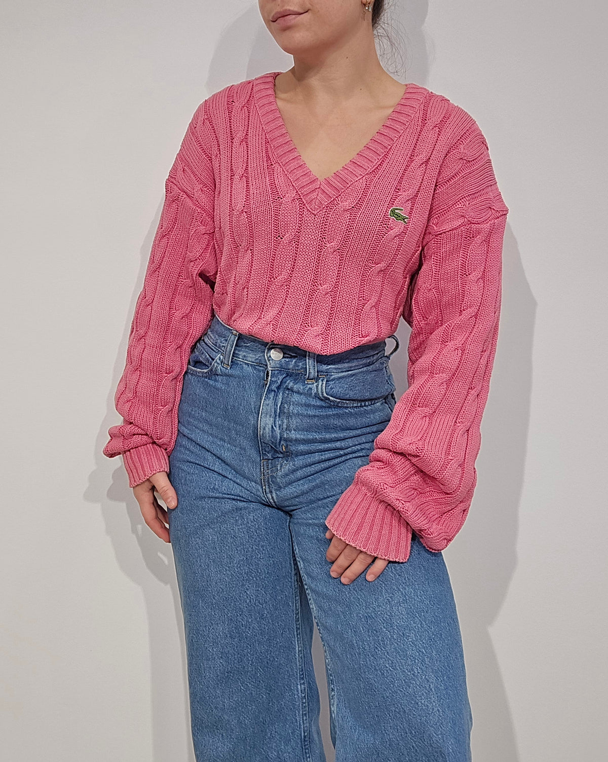Pull torsadé col V rose Fabriqué en France - L/XL