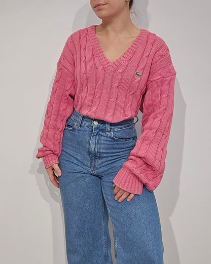 Pull torsadé col V rose Fabriqué en France - L/XL