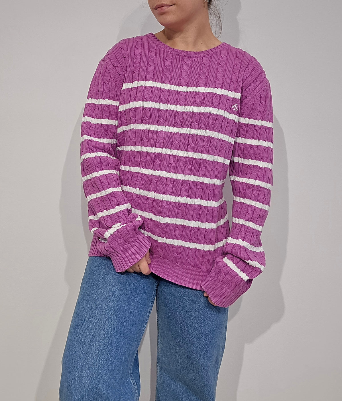 Pull torsadé rose à rayures- L/XL