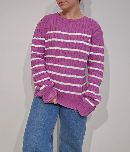 Pull torsadé rose à rayures- L/XL