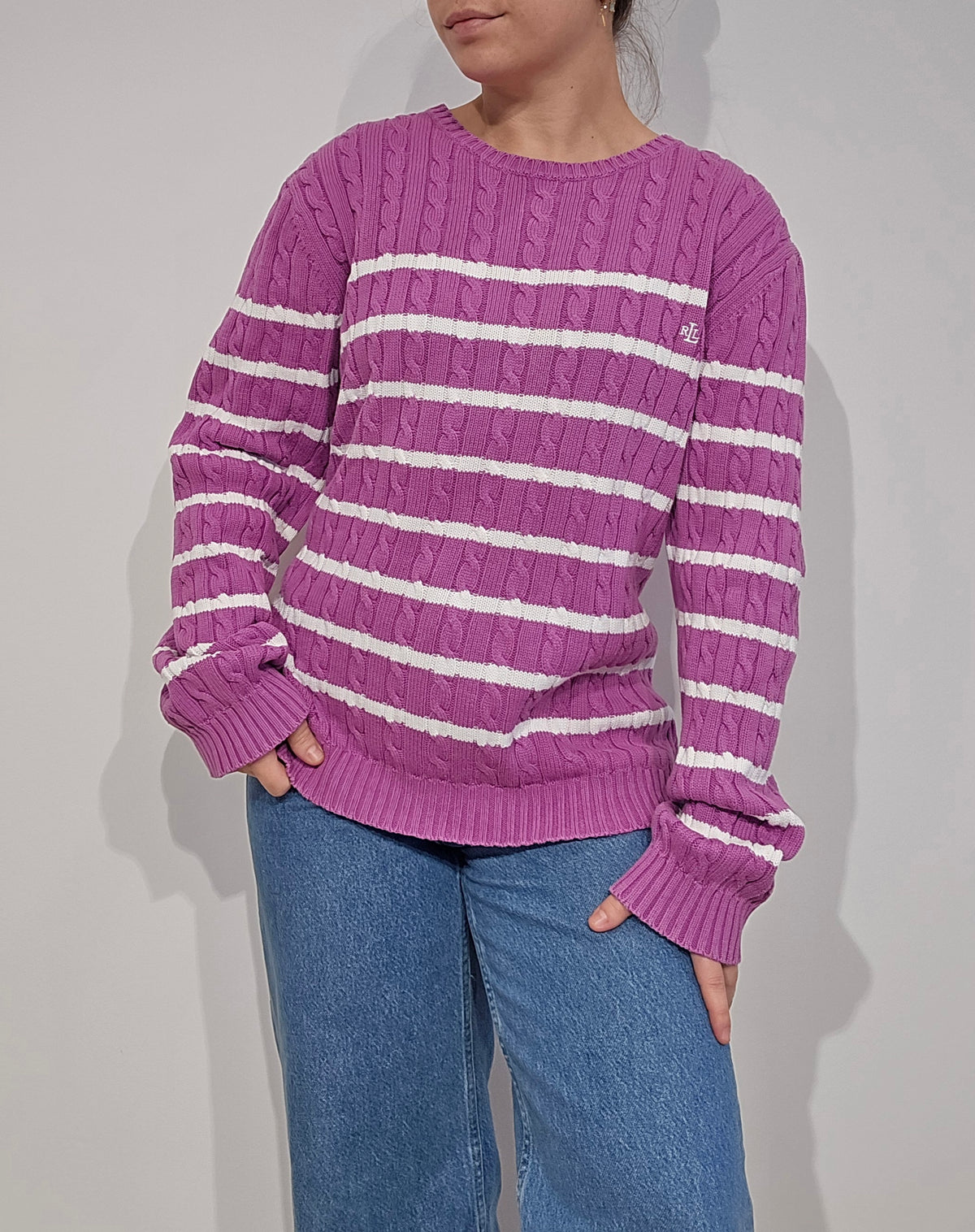 Pull torsadé rose à rayures- L/XL