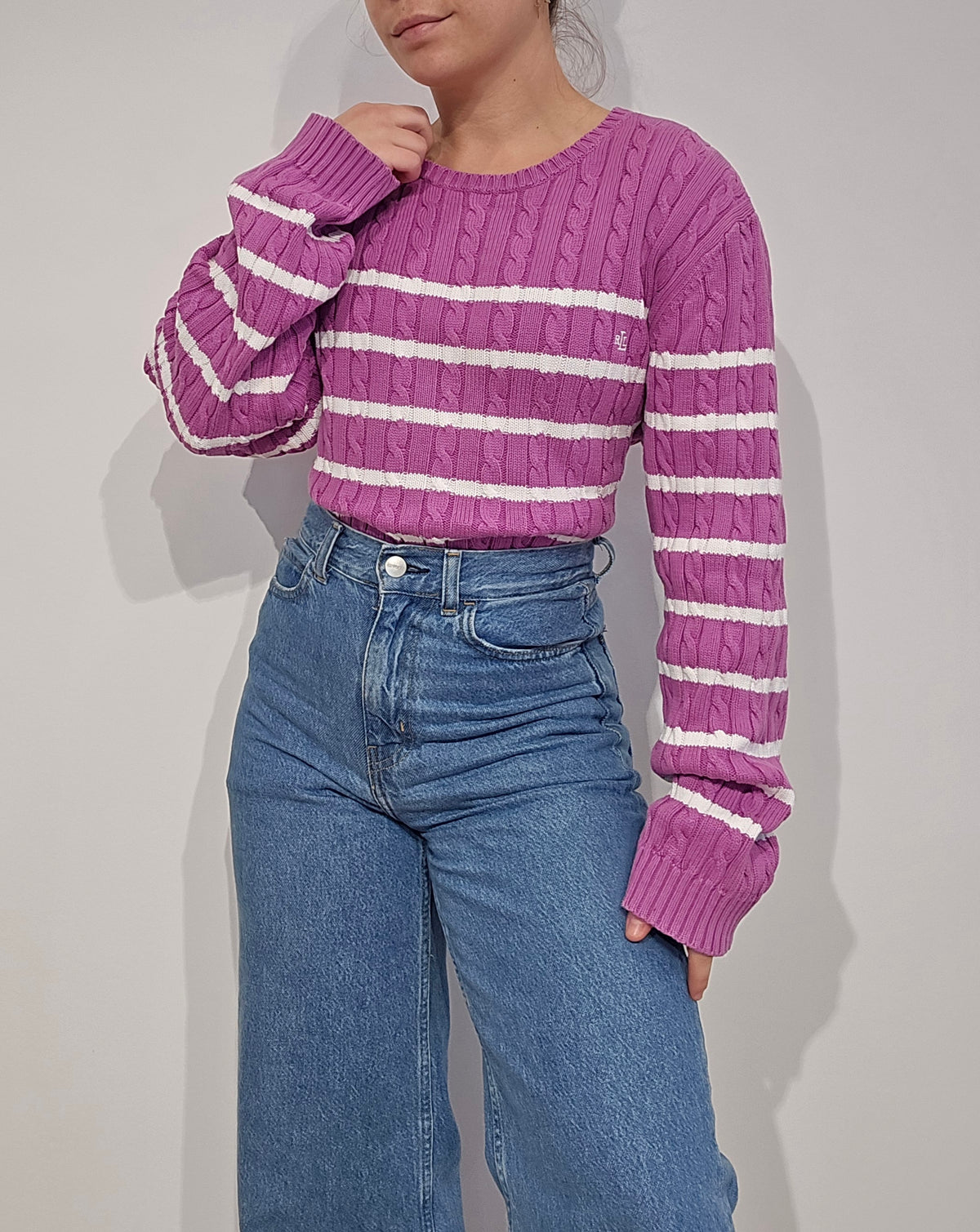 Pull torsadé rose à rayures- L/XL