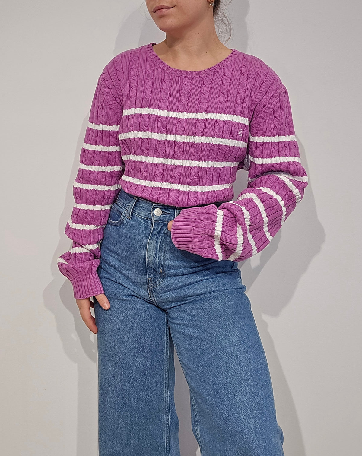 Pull torsadé rose à rayures- L/XL