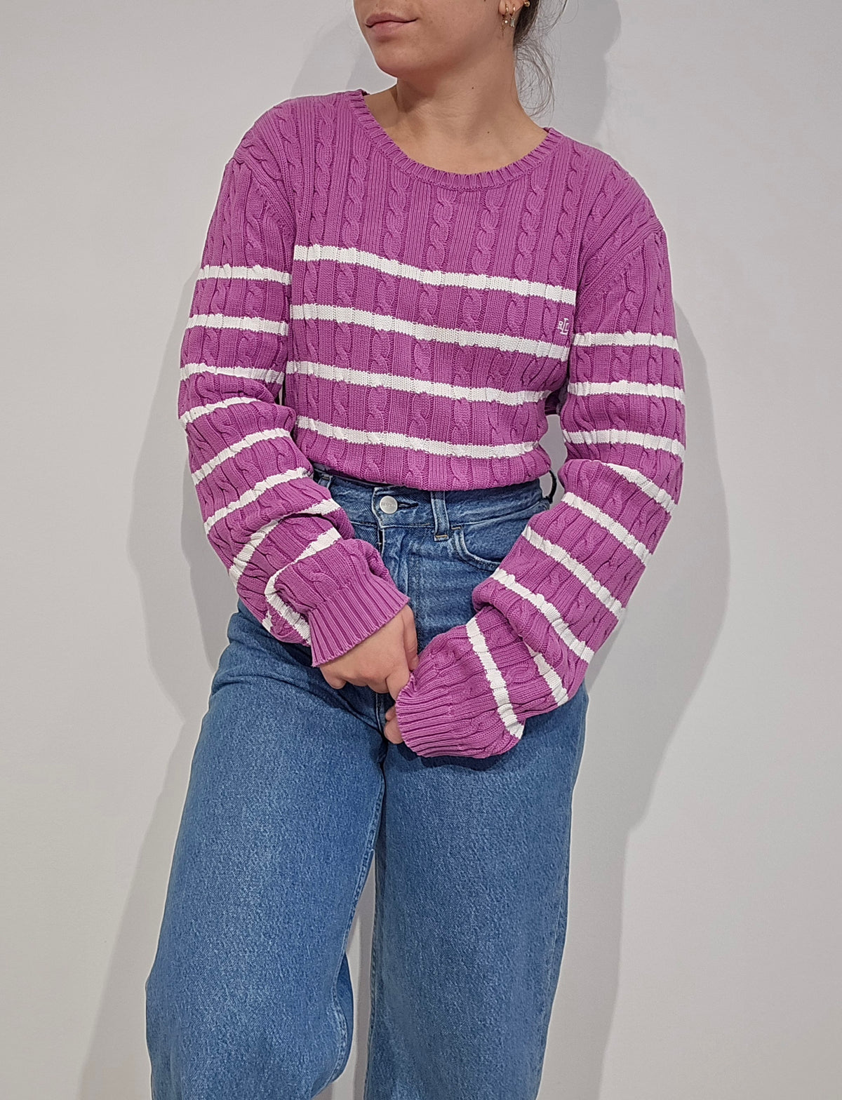 Pull torsadé rose à rayures- L/XL