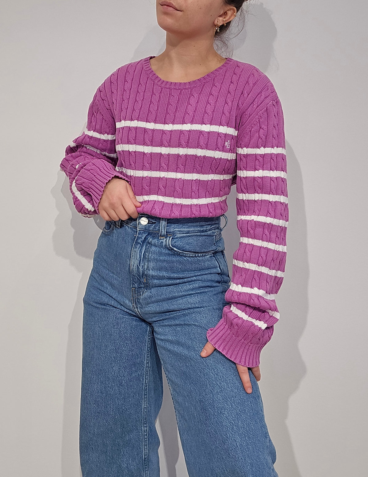 Pull torsadé rose à rayures- L/XL
