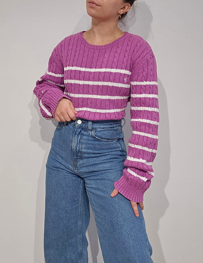 Pull torsadé rose à rayures- L/XL