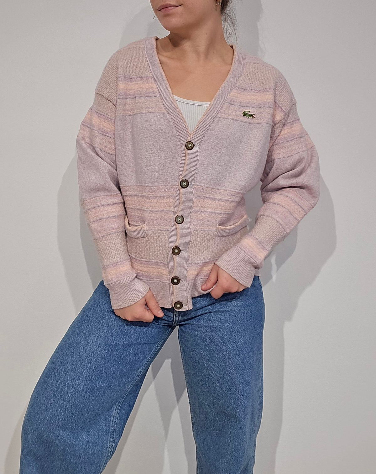 Cardigan en laine rose des années 80' Fabriqué en France- S