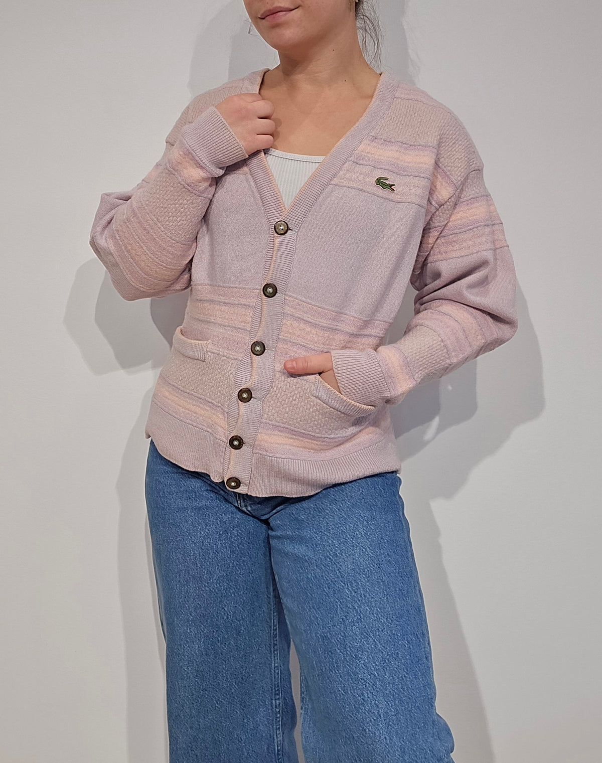 Cardigan en laine rose des années 80' Fabriqué en France- S