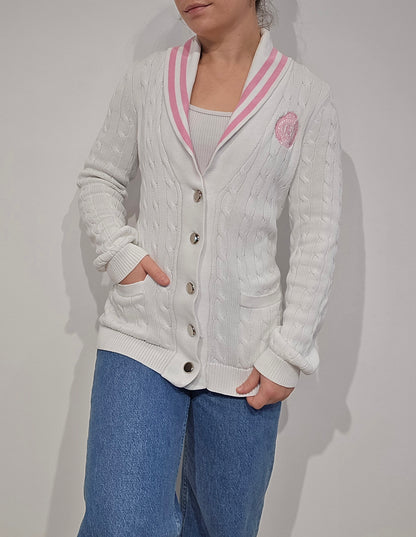 Cardigan torsadé blanc détails roses des années 90' - S
