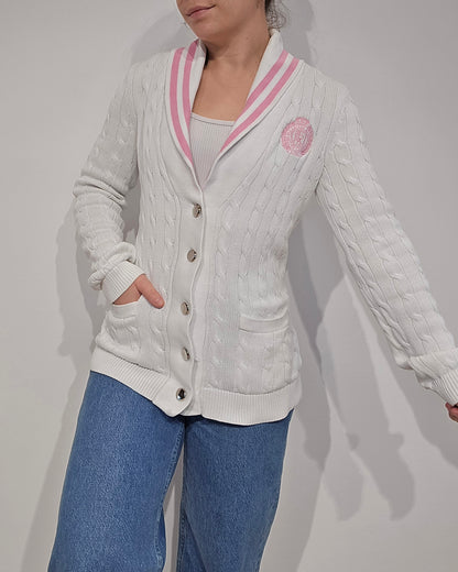 Cardigan torsadé blanc détails roses des années 90' - S