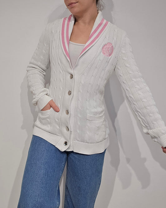 Cardigan torsadé blanc détails roses des années 90' - S