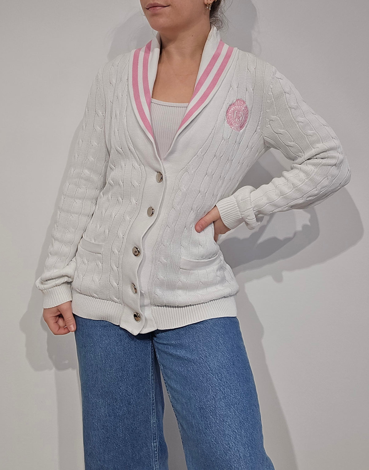 Cardigan torsadé blanc détails roses des années 90' - S