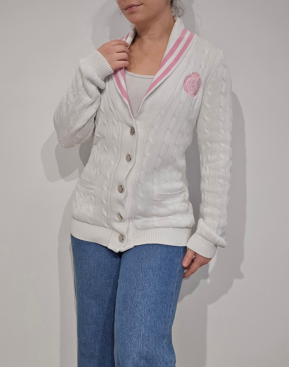 Cardigan torsadé blanc détails roses des années 90' - S