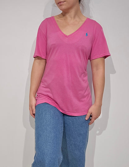 Tee-shirt col V en coton rose - XL