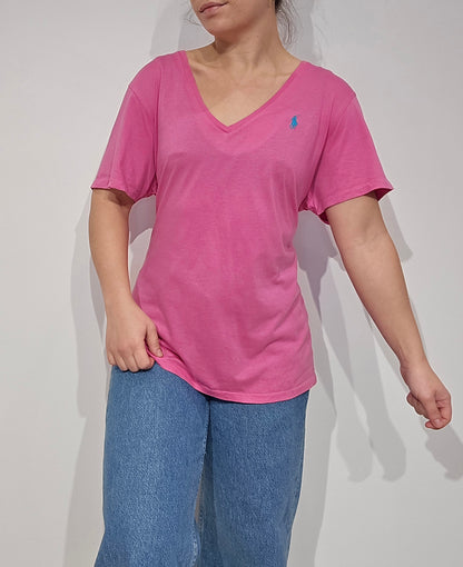 Tee-shirt col V en coton rose - XL