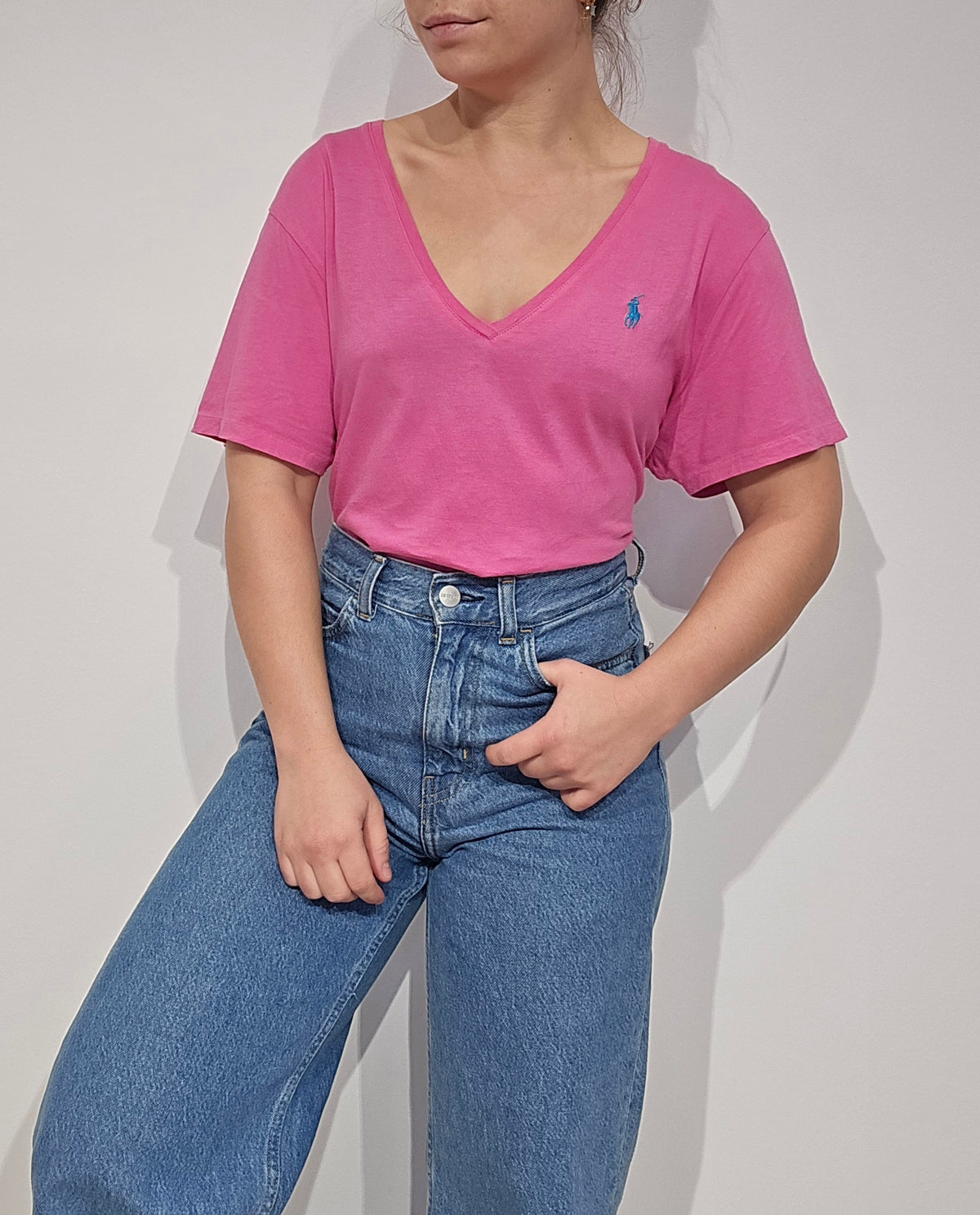 Tee-shirt col V en coton rose - XL