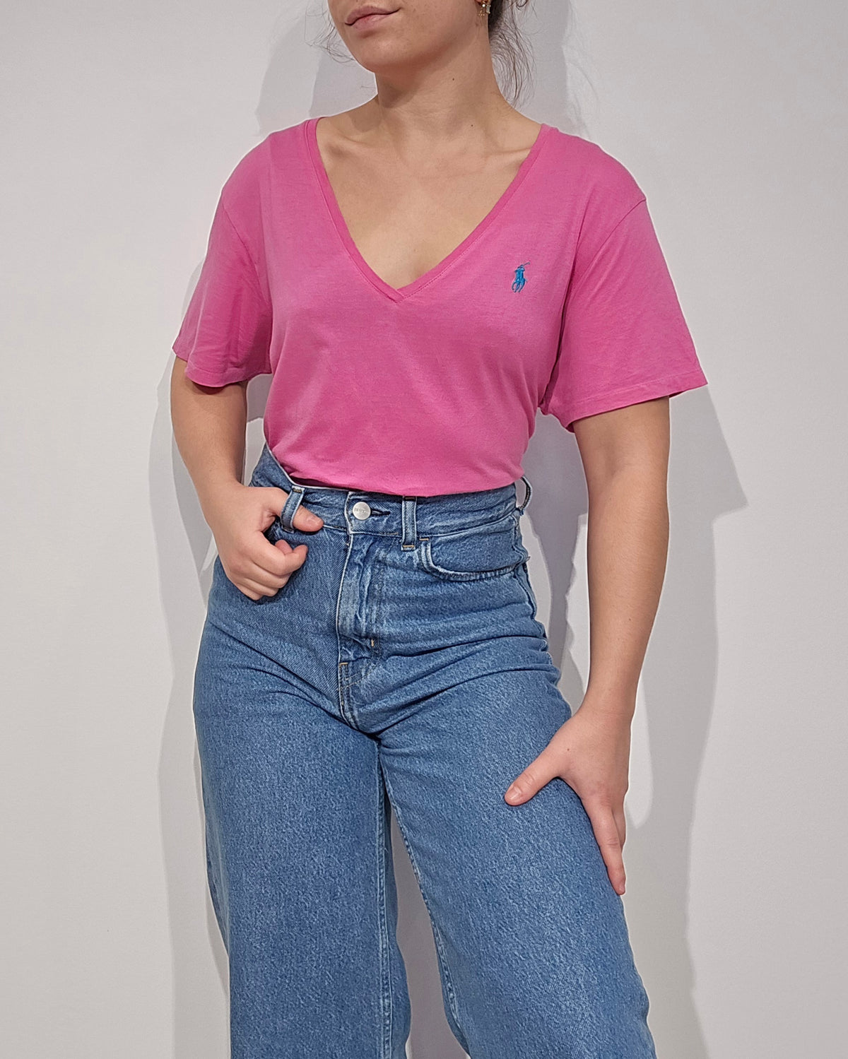 Tee-shirt col V en coton rose - XL