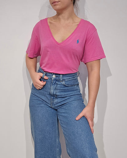 Tee-shirt col V en coton rose - XL