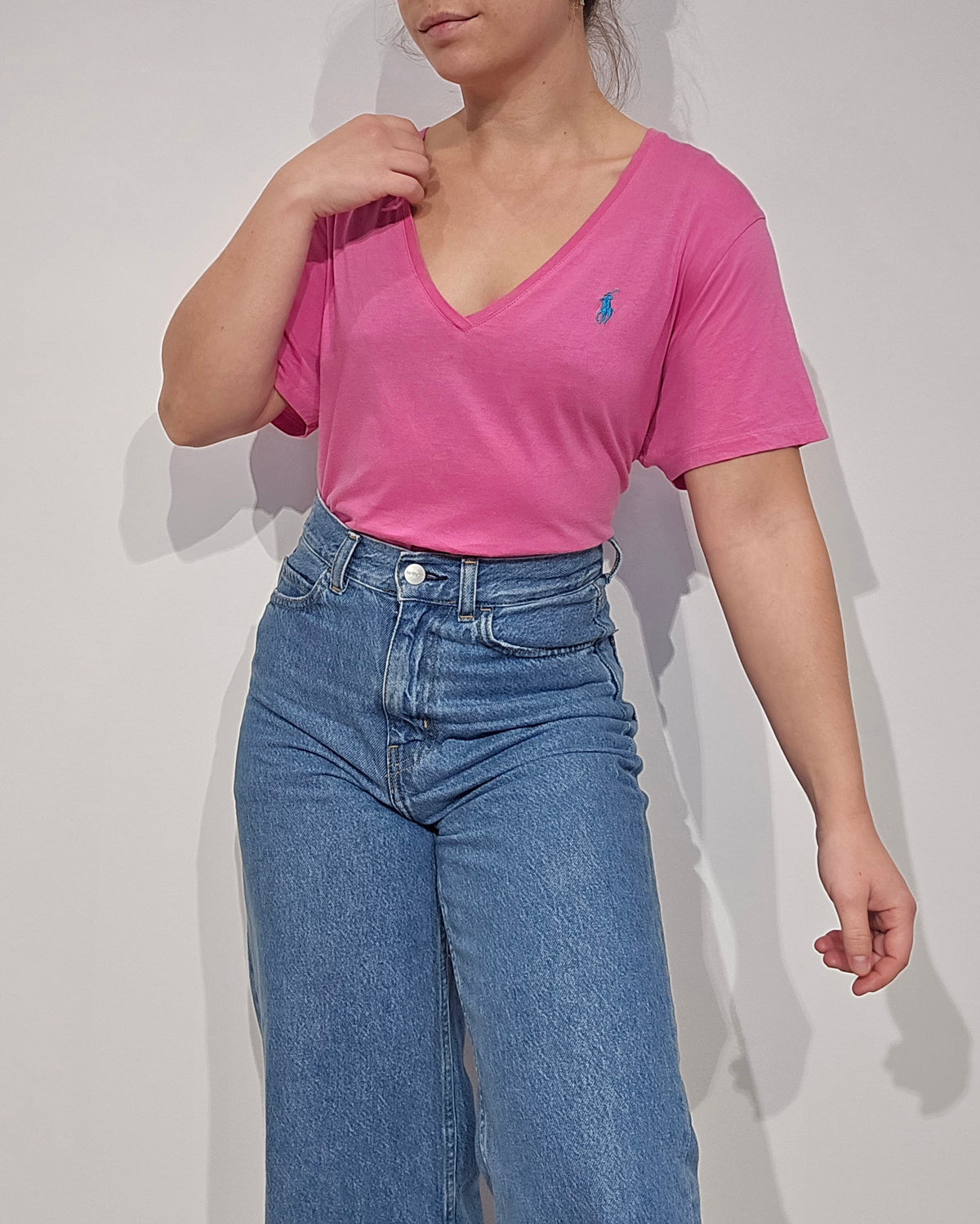 Tee-shirt col V en coton rose - XL