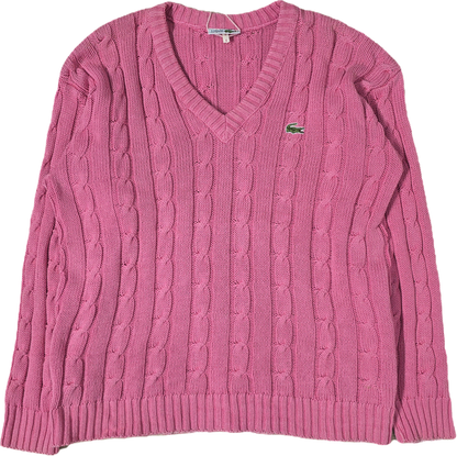 Pull torsadé col V rose Fabriqué en France - L/XL
