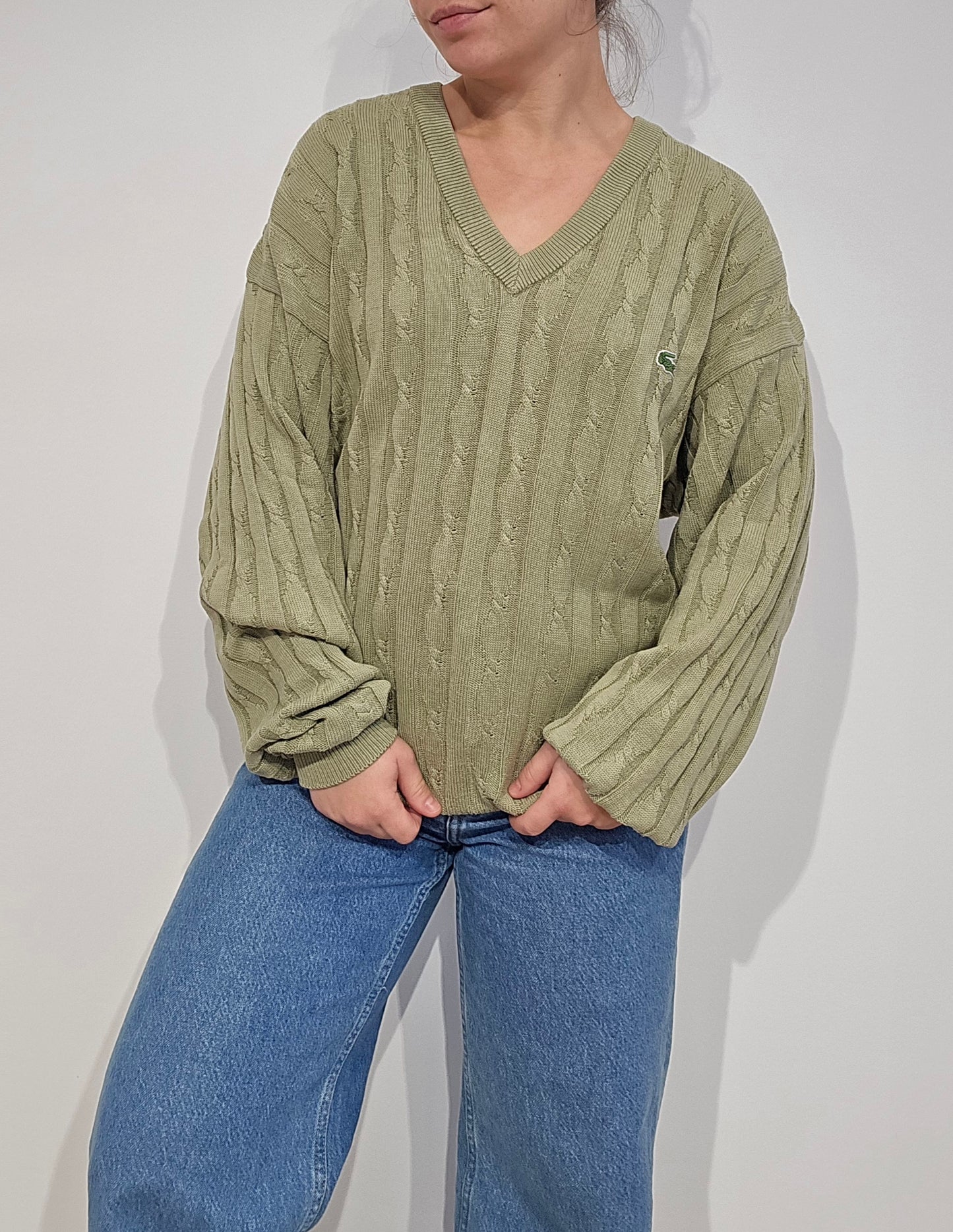 Pull col V en maille torsadée vert des années 80' -L