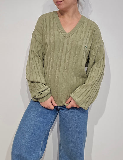 Pull col V en maille torsadée vert des années 80' -L