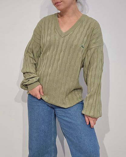 Pull col V en maille torsadée vert des années 80' -L