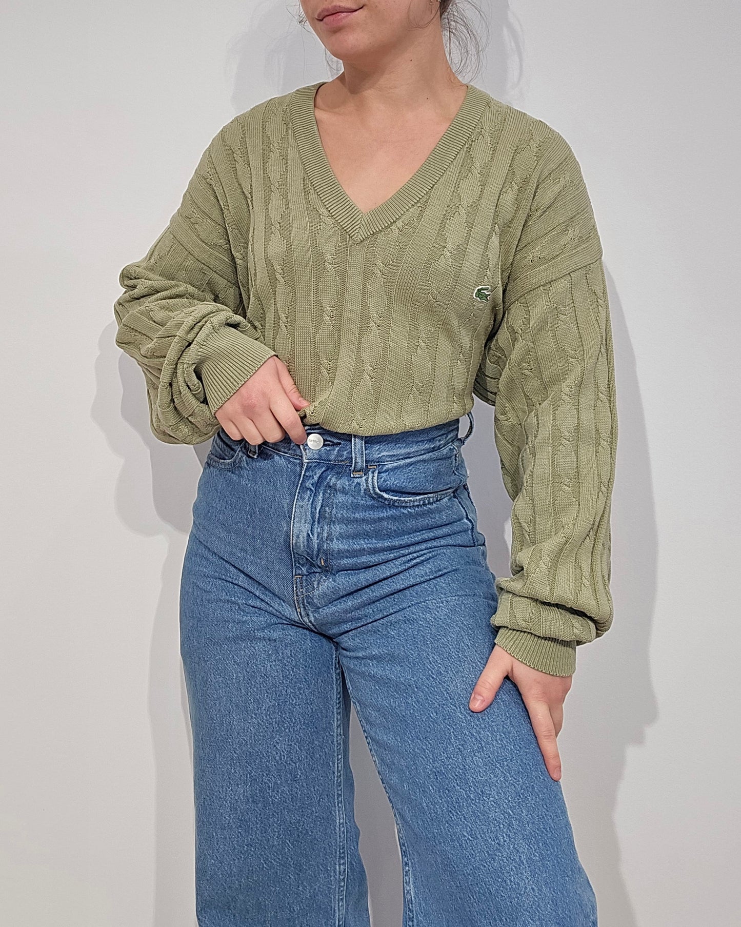 Pull col V en maille torsadée vert des années 80' -L
