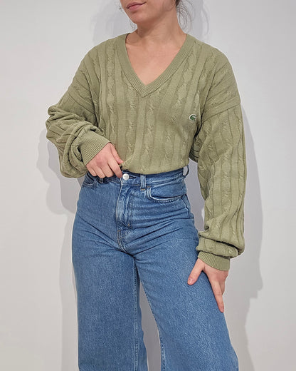 Pull col V en maille torsadée vert des années 80' -L