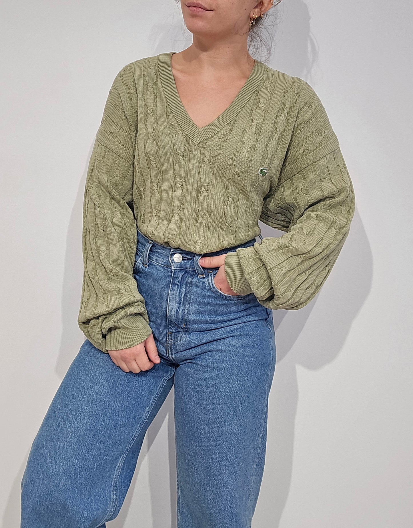 Pull col V en maille torsadée vert des années 80' -L