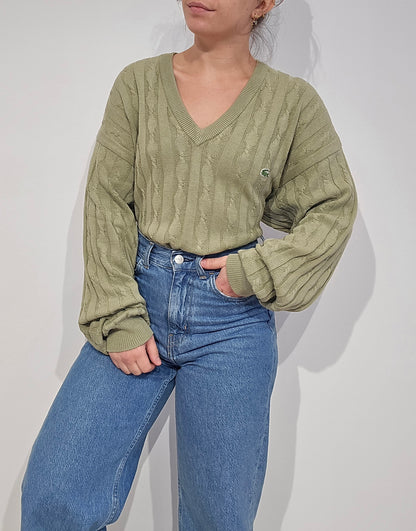 Pull col V en maille torsadée vert des années 80' -L