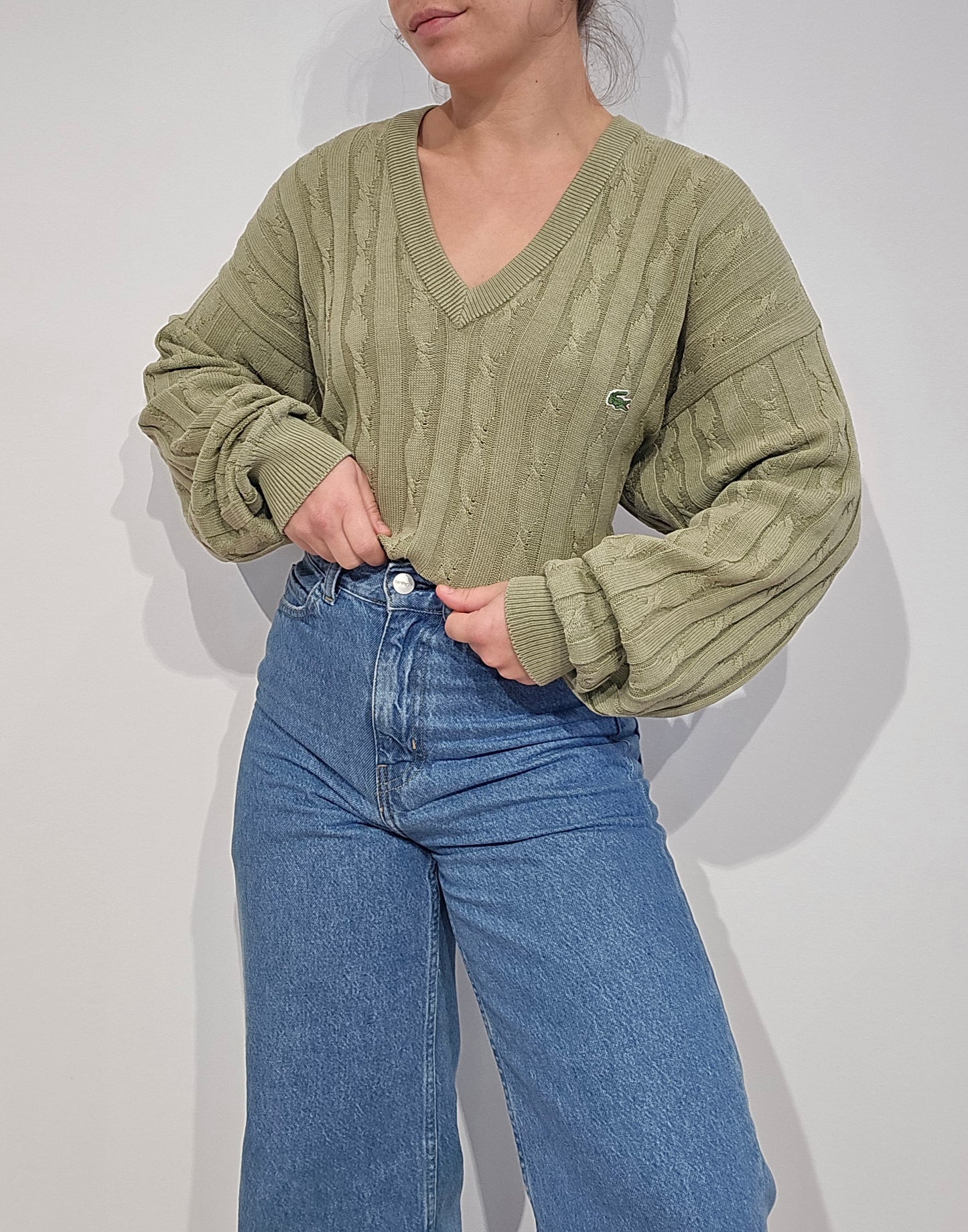Pull col V en maille torsadée vert des années 80' -L