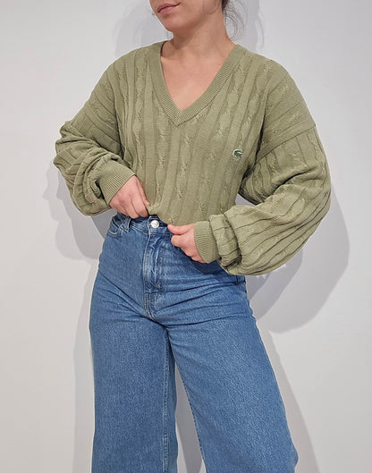 Pull col V en maille torsadée vert des années 80' -L