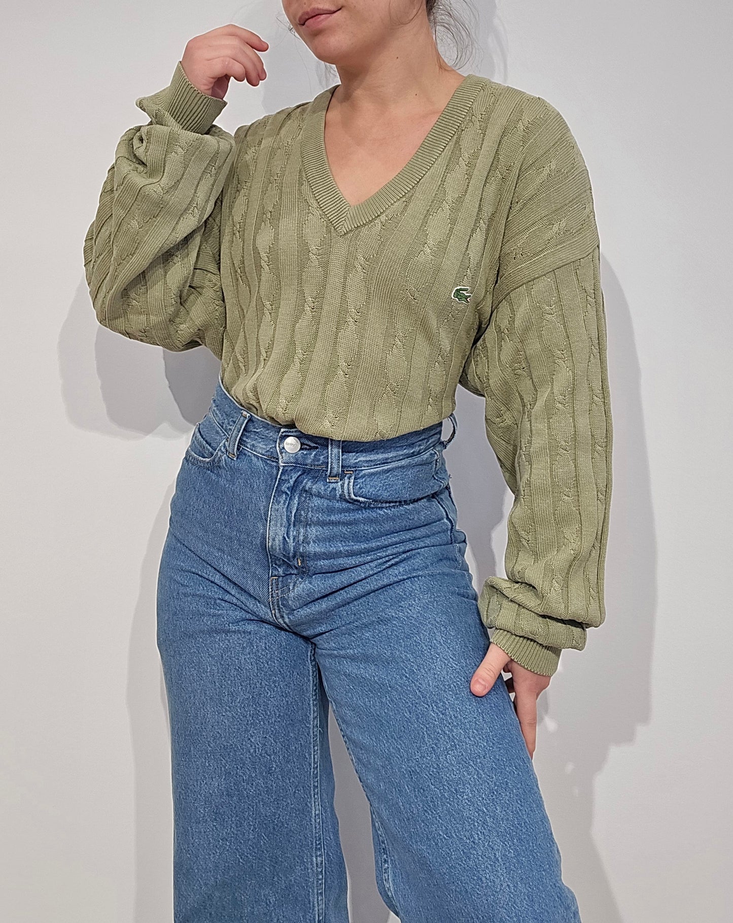 Pull col V en maille torsadée vert des années 80' -L