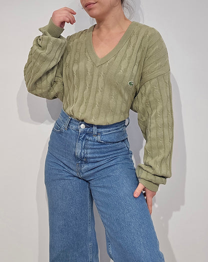 Pull col V en maille torsadée vert des années 80' -L