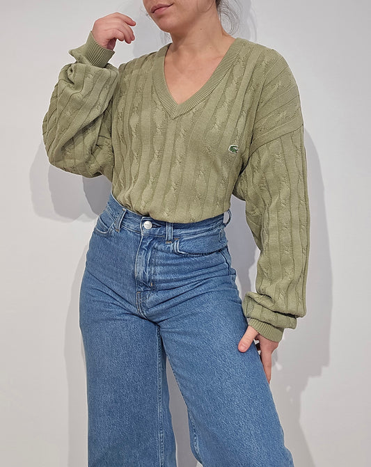 Pull col V en maille torsadée vert des années 80' -L