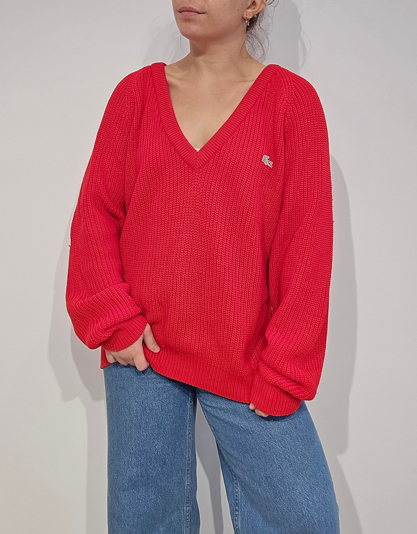 Pull col V en maille rouge des années 80' fabriqué en Espagne - L/XL