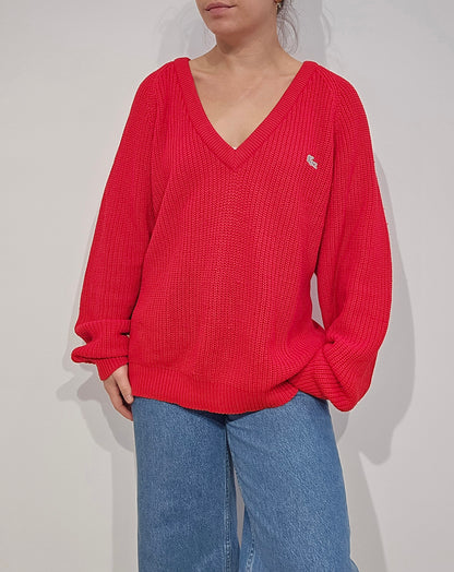 Pull col V en maille rouge des années 80' fabriqué en Espagne - L/XL