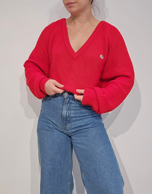 Pull col V en maille rouge des années 80' fabriqué en Espagne - L/XL
