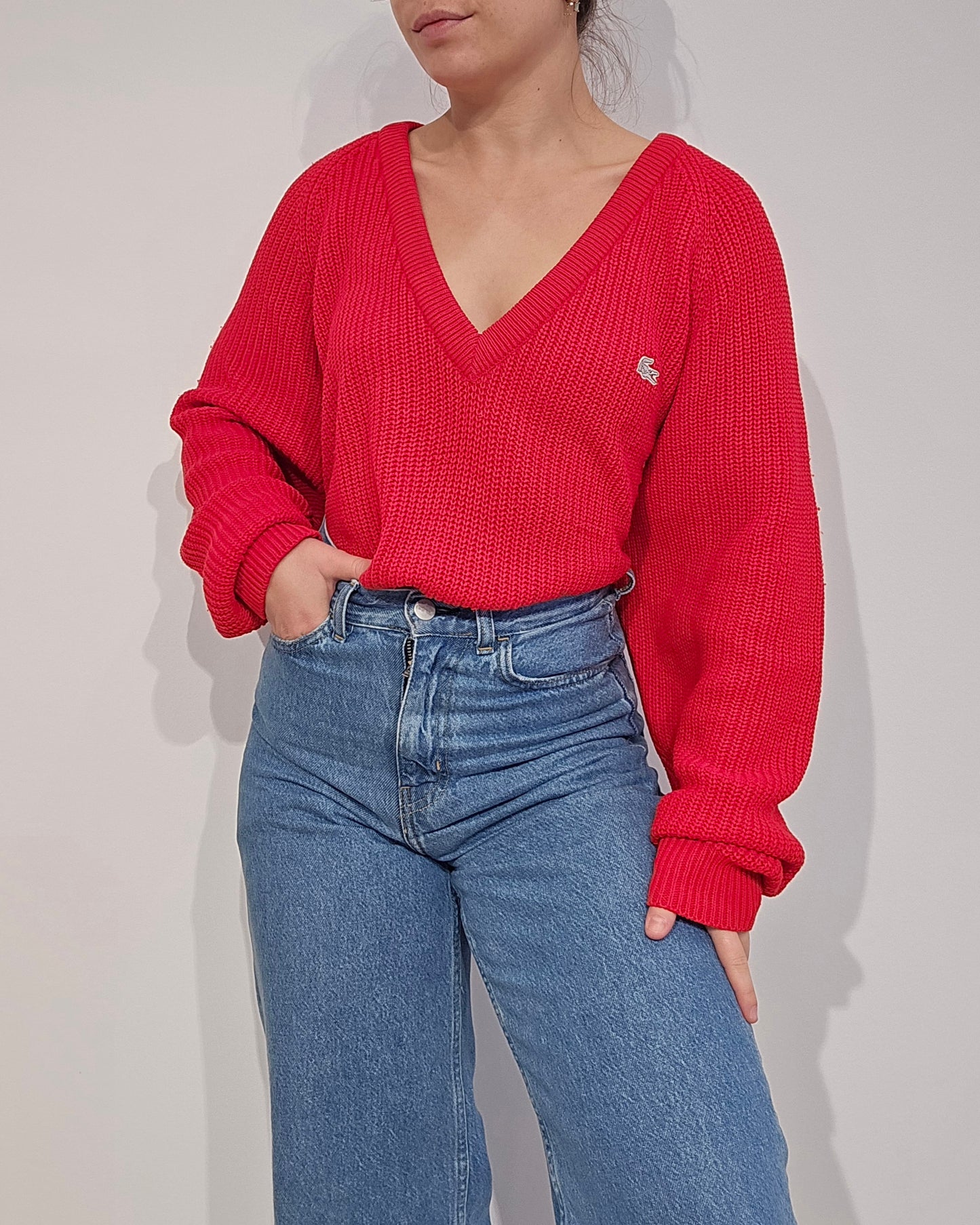 Pull col V en maille rouge des années 80' fabriqué en Espagne - L/XL