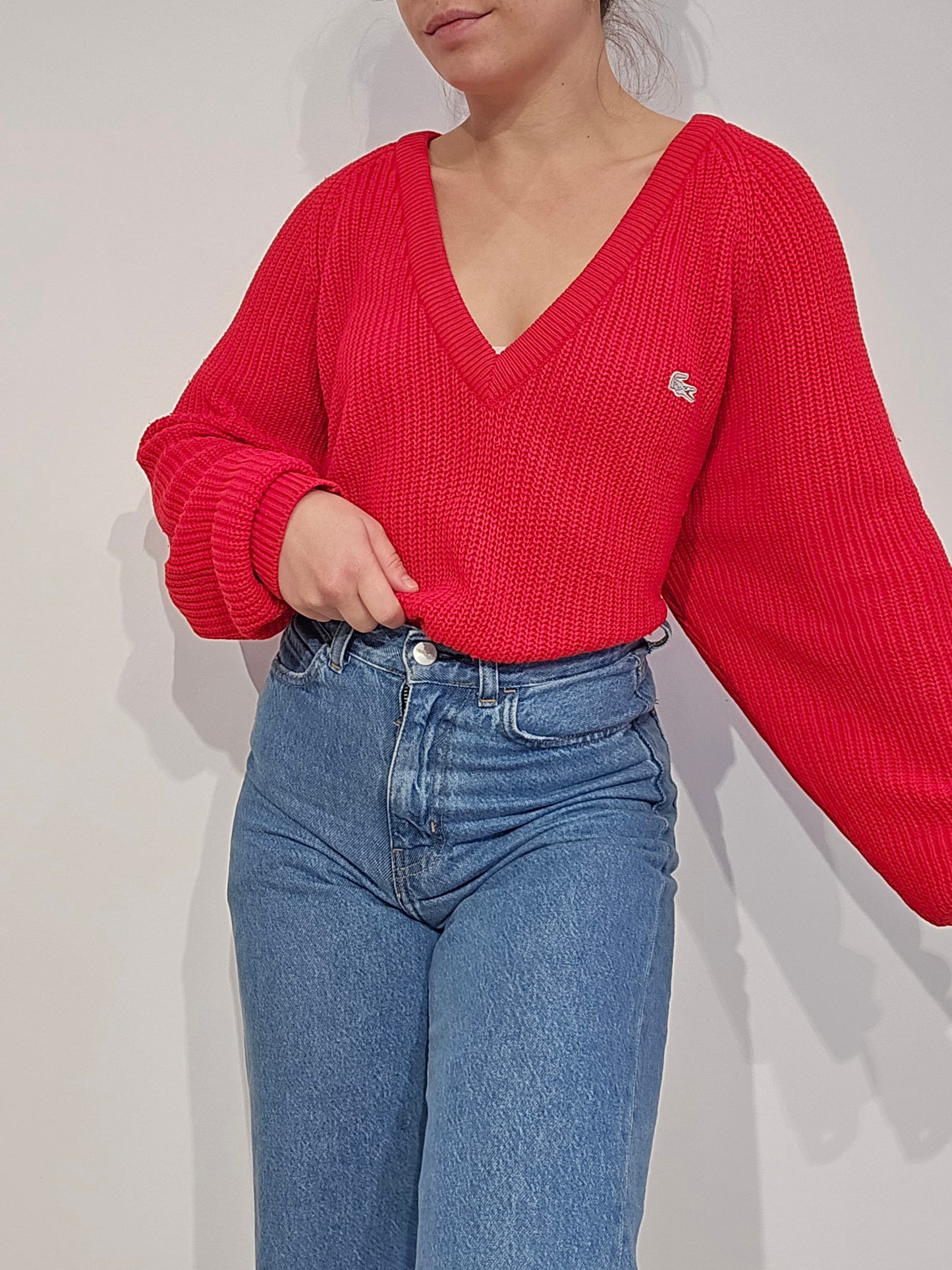 Pull col V en maille rouge des années 80' fabriqué en Espagne - L/XL