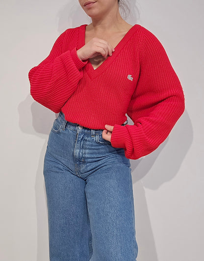 Pull col V en maille rouge des années 80' fabriqué en Espagne - L/XL