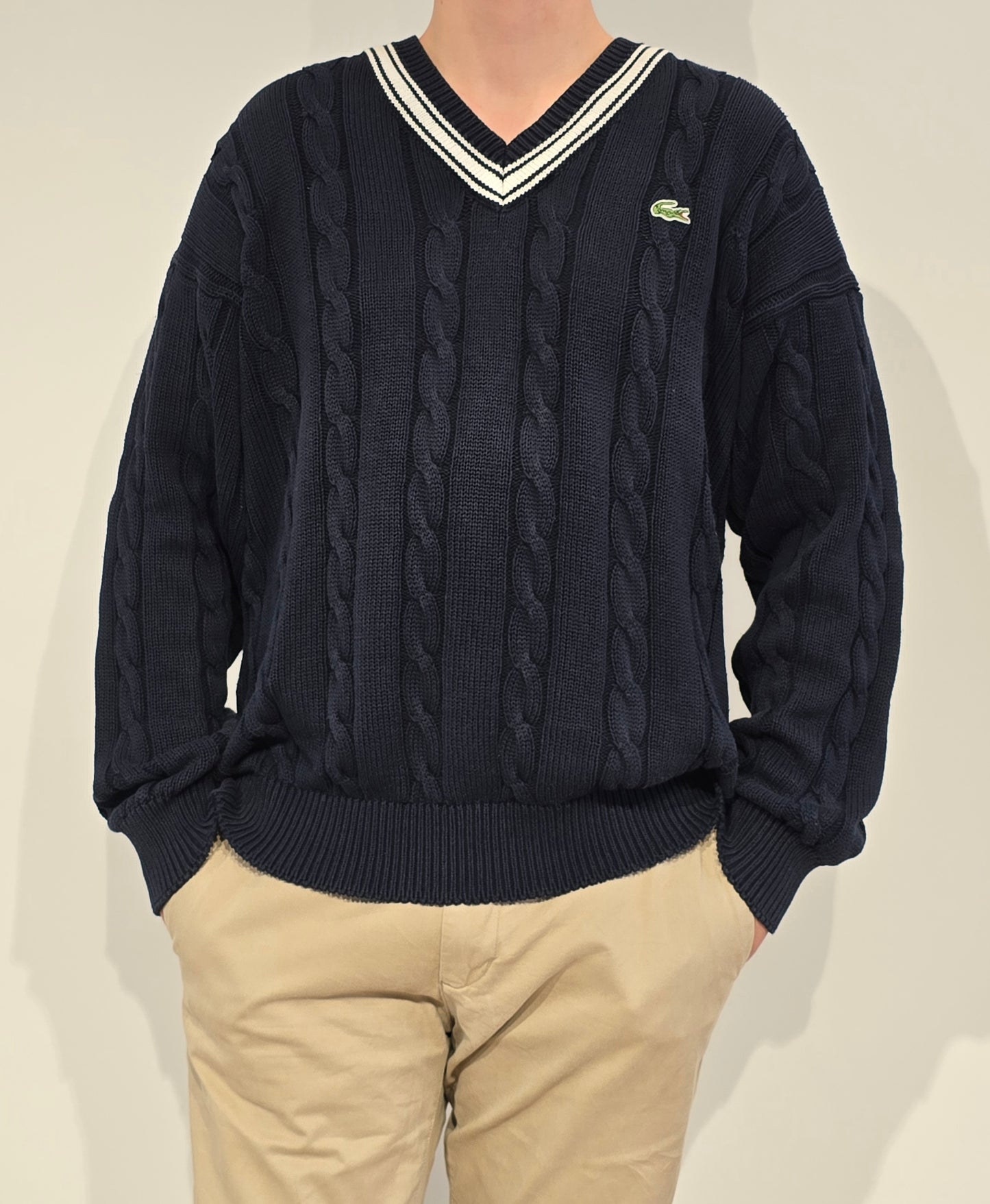 Pull en maille torsadée marine des années 90'- XL