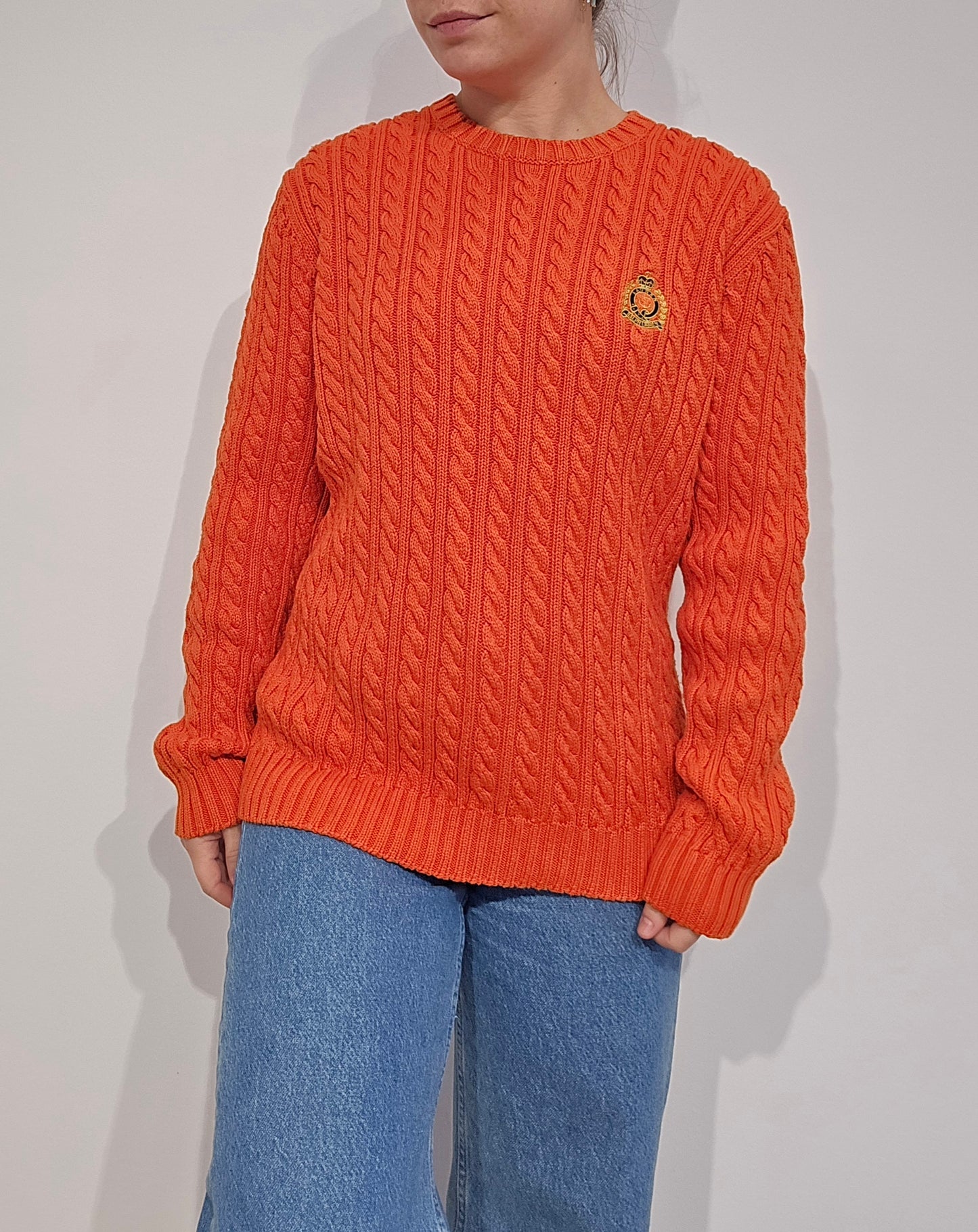Pull en maille torsadée orange vintage - M