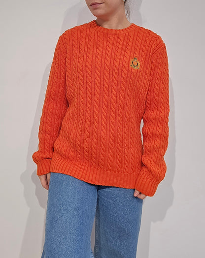Pull en maille torsadée orange vintage - M