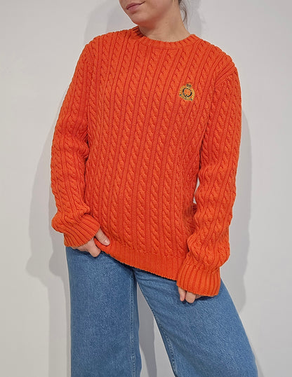 Pull en maille torsadée orange vintage - M