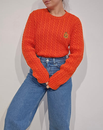 Pull en maille torsadée orange vintage - M