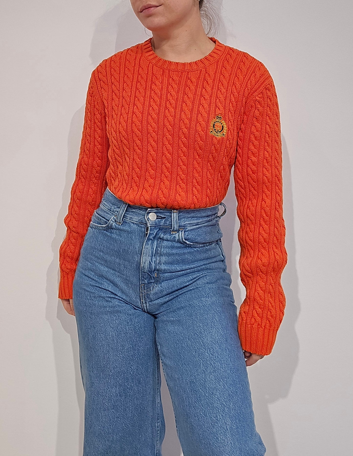 Pull en maille torsadée orange vintage - M